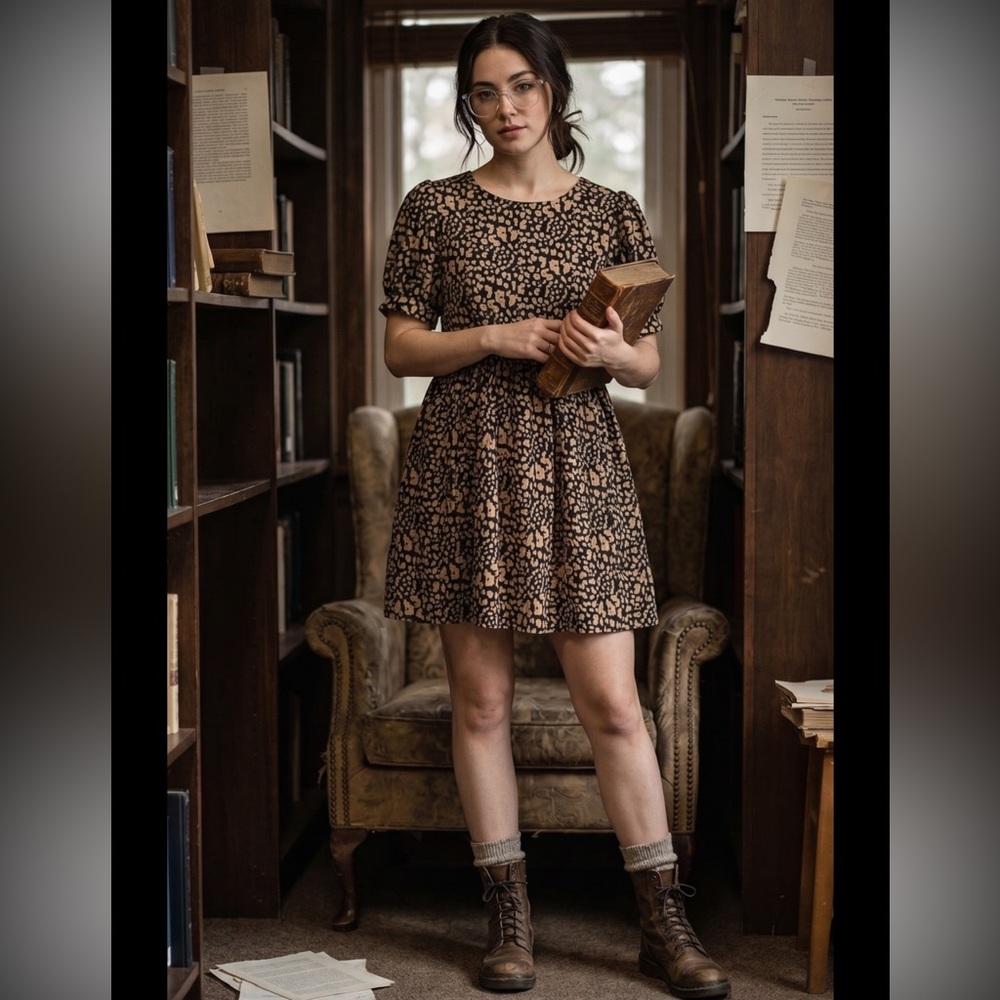 Very j Babydoll Animal‎ Print Short Dress. Medium. Puff Sleeve. Feminine